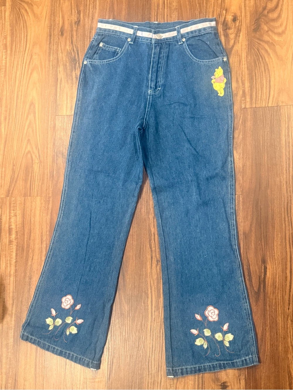 Vtg Disney Winnie the Pooh Embroidered Denim Jeans Youth 14/16 Y2K Flare Floral
